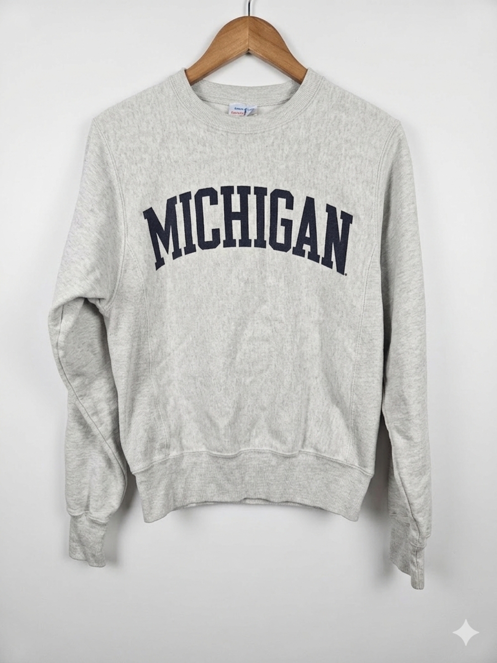 Champion Gray Reverse Weave Crewneck Sweatshirt with Navy Michigan Arch Unisex